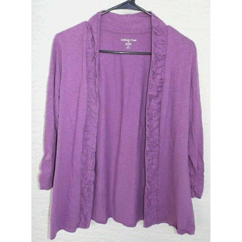 Coldwater Creek M (10-12) plum 3/4 sleeve open front cardigan shirred cotton